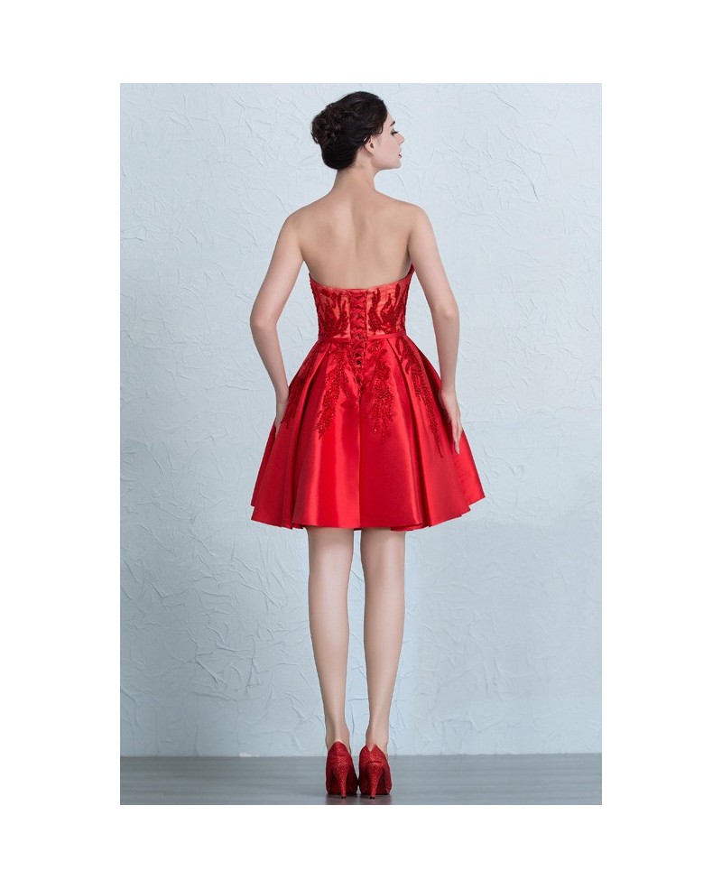Red Beaded Sweetheart Satin Short Party Dress with Corset Back