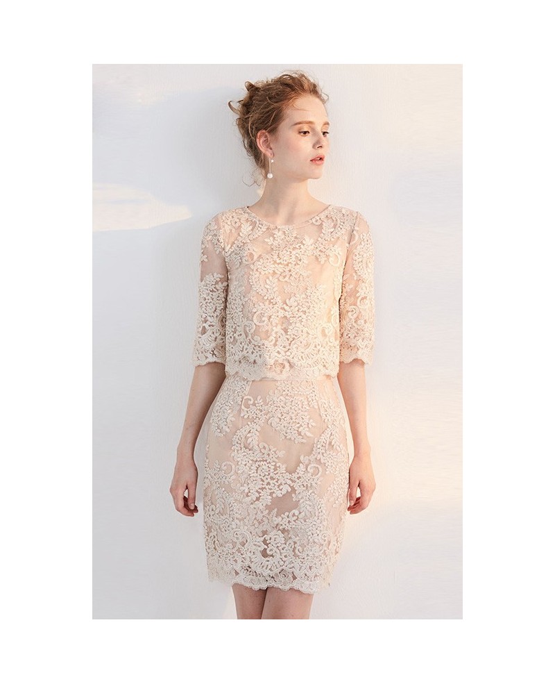 Elegant Lace Half Sleeve Sheath Round Neck Short Formal Dress - Click Image to Close