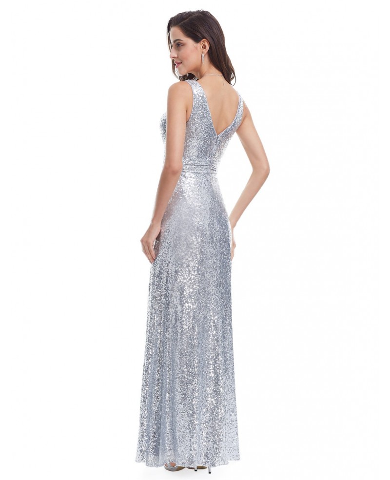 Sliver A-line V-neck Sequined Long Party Dress