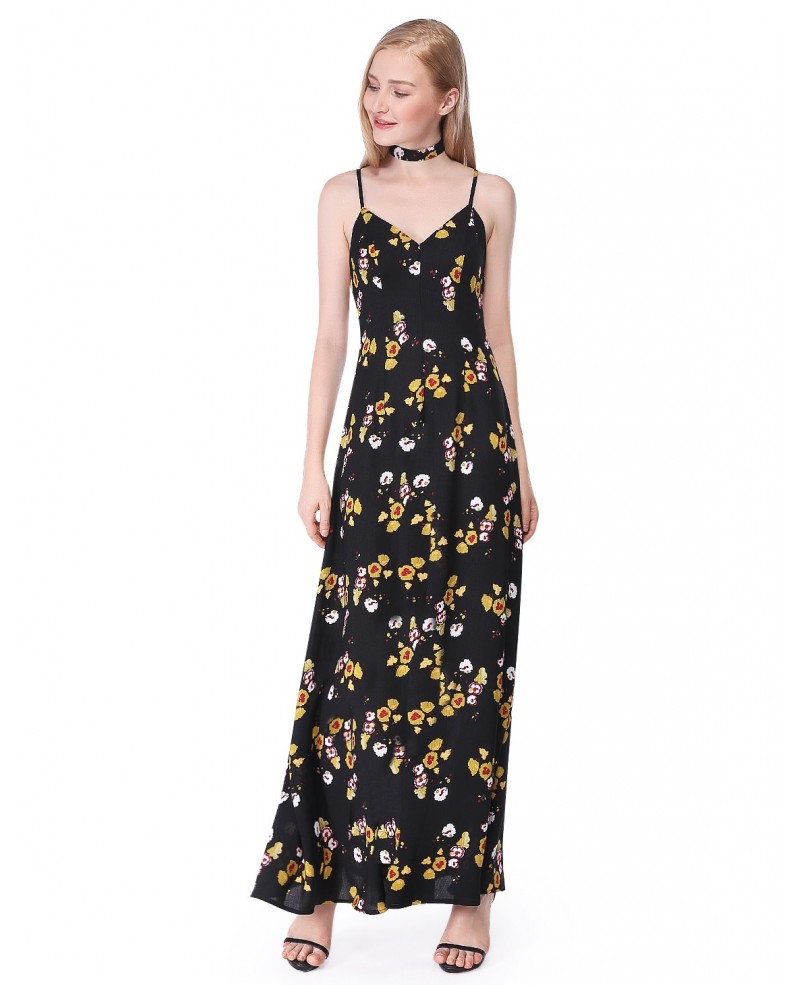 Floral Print A-line V-neck Long Dress