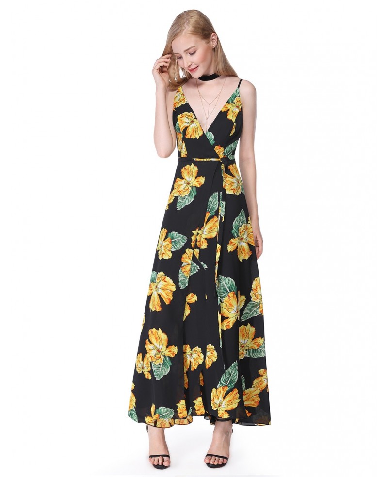 Floral Print A-line V-neck Chiffon Long Dress