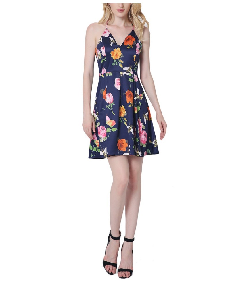 Floral Print A-line Halter Short Dress - Click Image to Close