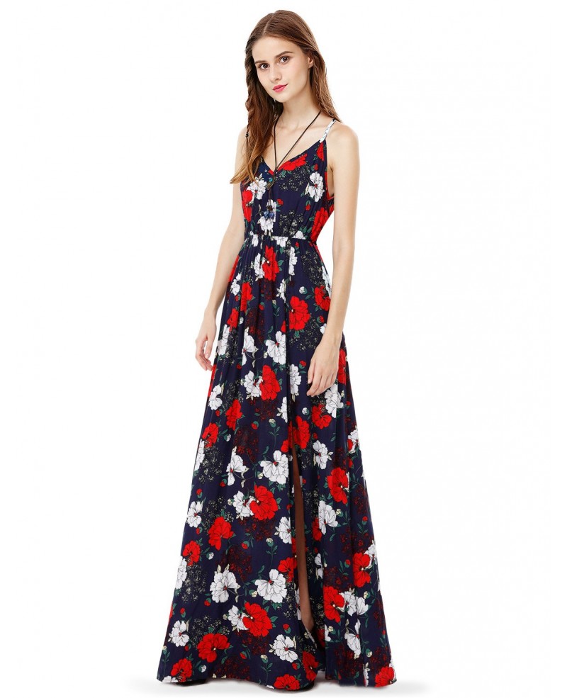 Floral Print A-line V-neck Long Dress With Split Front - Click Image to Close