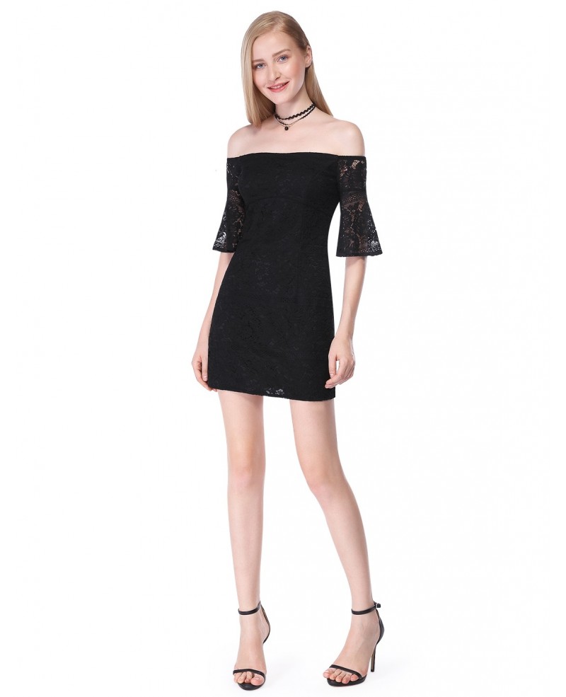 Black A-line Off-the-shoulder Short Dress - Click Image to Close