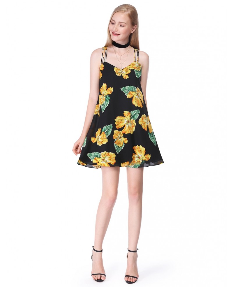 Floral Print A-line V-neck Short Dress