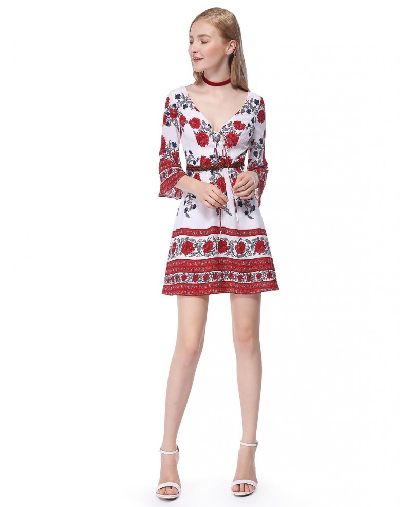 Floral Print A-line V-neck Short Dress With Sleeves