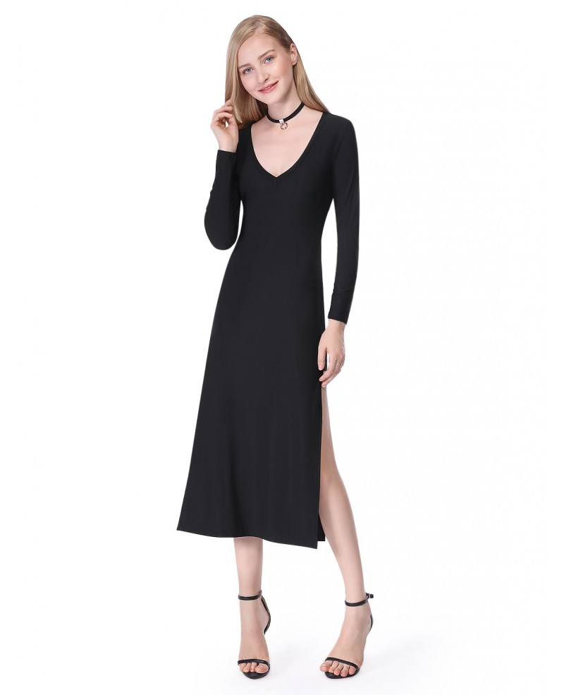 Black A-line V-neck Short Dress With Split