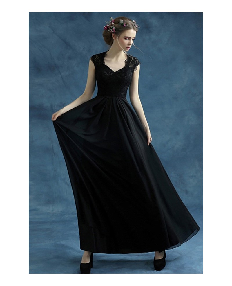 Black A-line V-neck Floor-length Chiffon Bridesmaid Dress With Lace