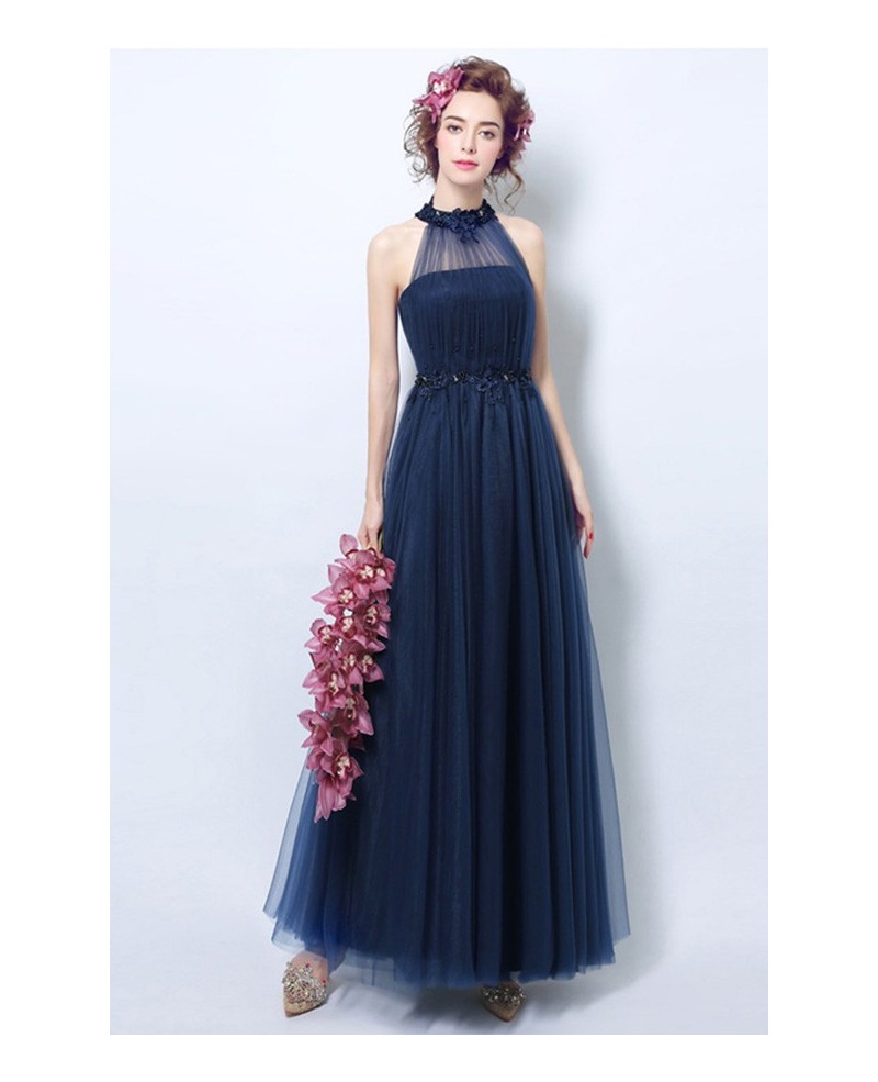 Navy A-line Halter Floor-length Bridesmaid Dress With Appliques Lace