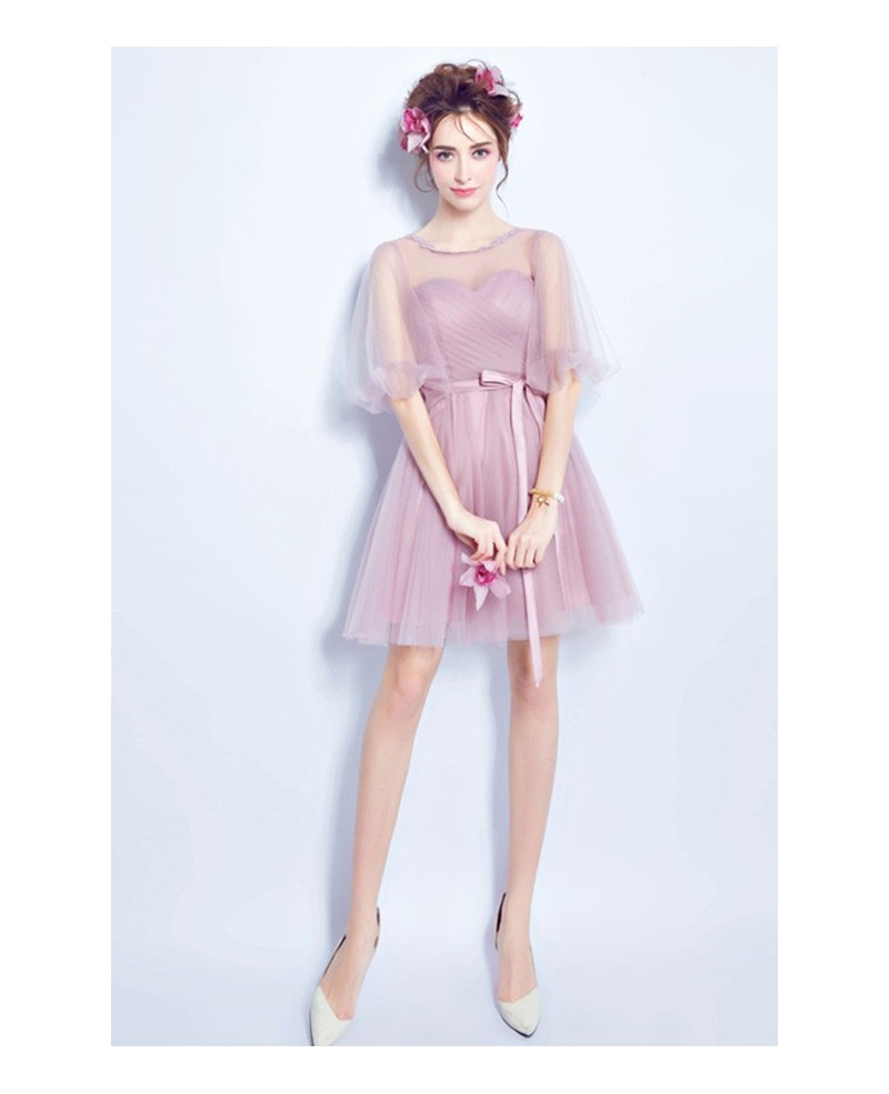 Pink A-line Scoop Neck Bridesmaid Dress With Sleeves - Click Image to Close