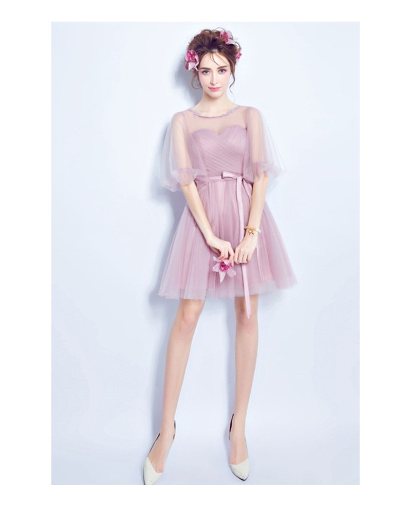 Pink A-line Scoop Neck Bridesmaid Dress With Sleeves