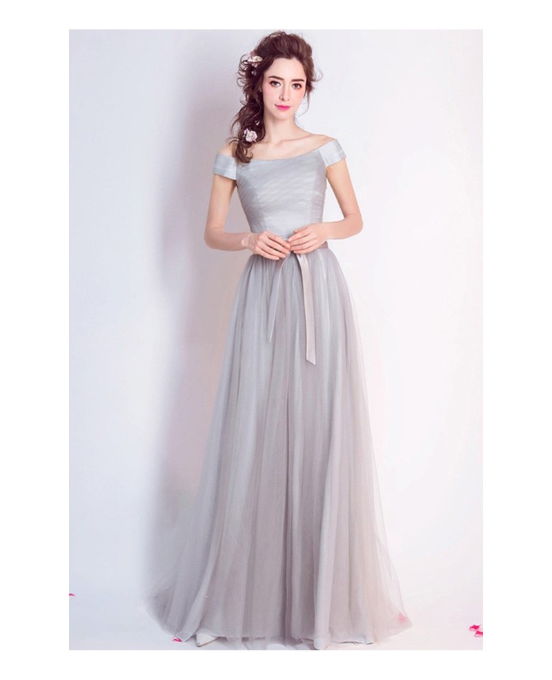 Simple A-line Off-the-shoulder Floor-length Tulle Bridesmaid Dress