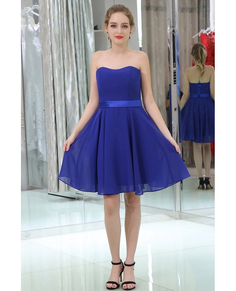 Royal Blue Simple Cocktail Chiffon Prom Dress Strapless - Click Image to Close