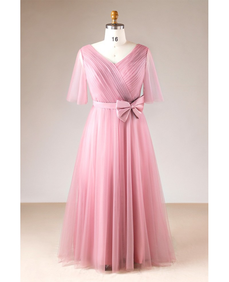 Plus Size Rose Pink Pleated V-neck Long Formal Dress With Sleeves