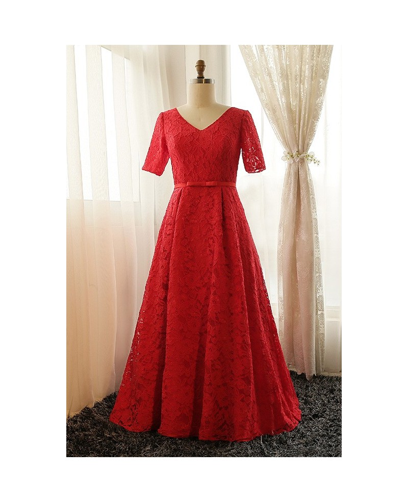 Plus Size Full Red Lace V-neck Long Formal Dress With Short Sleeves - Click Image to Close