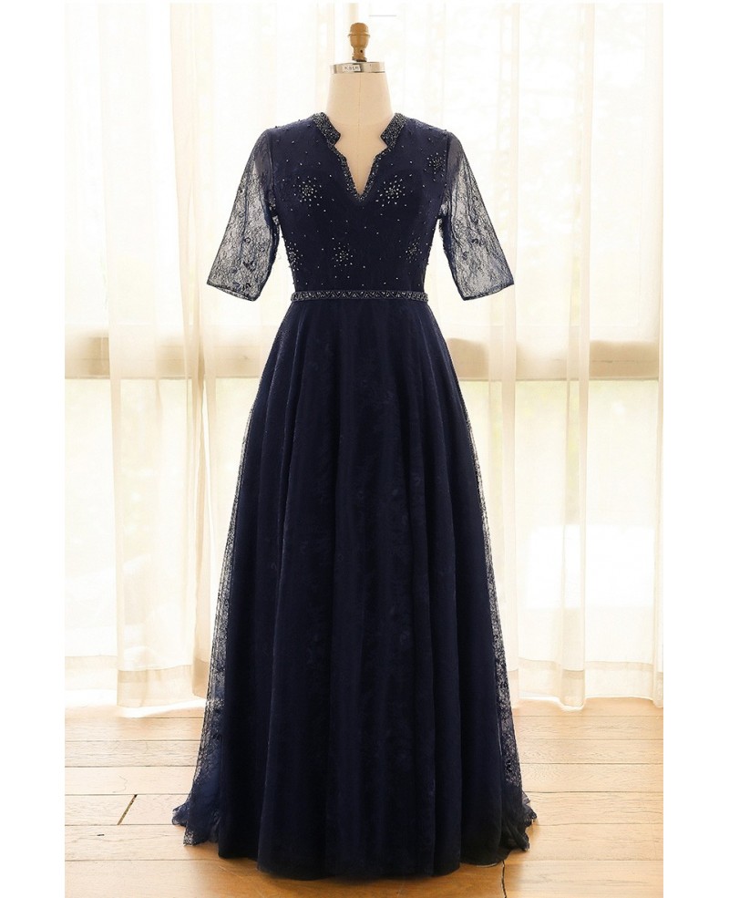 Elegant Navy Blue Plus Size Long Tulle Lace Formal Occasion Dress With Sleeves