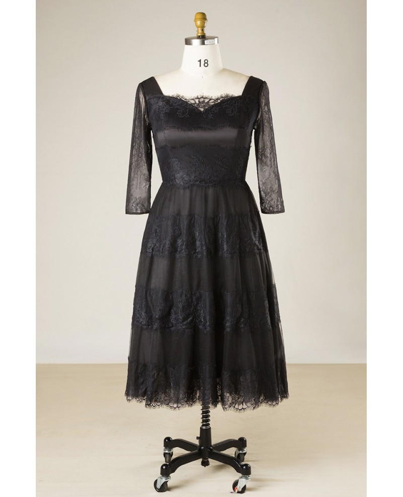 Elegant Short Black Lace Plus Size Formal Occasion Dress With Lace Sleeves