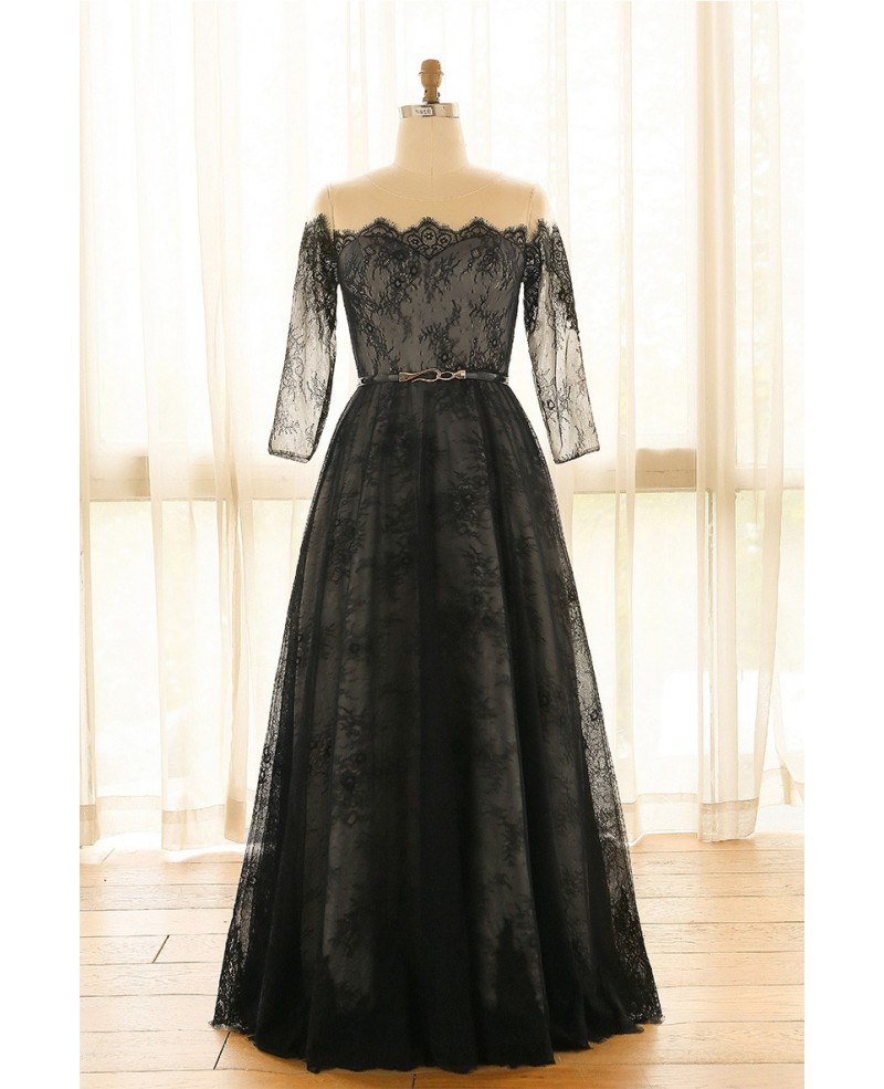 Elegant Off Shoulder Long Black Lace Plus Size Formal Occasion Dress With Sleeves
