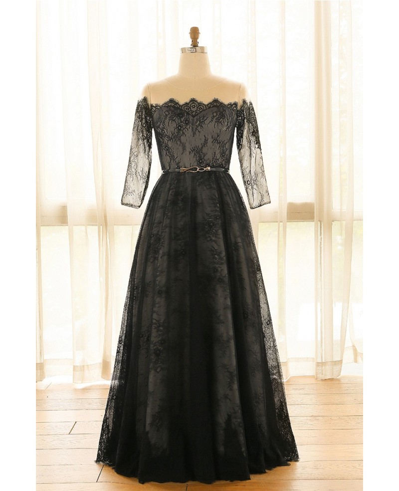 Elegant Off Shoulder Long Black Lace Plus Size Formal Occasion Dress With Sleeves