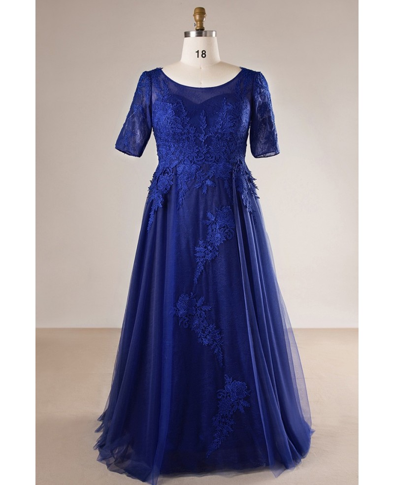 Plus Size Royal Blue Long Tulle And Lace Evening Dress With Sleeves - Click Image to Close