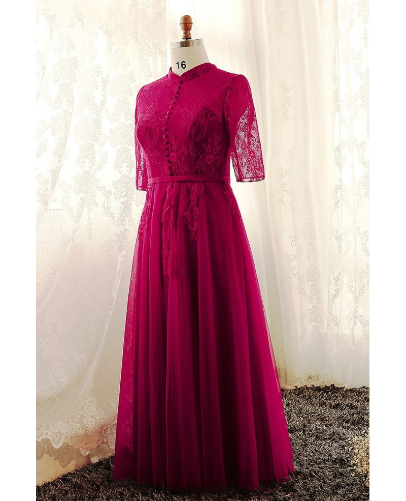 Plus Size Burgundy High Neck Lace Long Tulle Formal Dress With Lace Sleeves