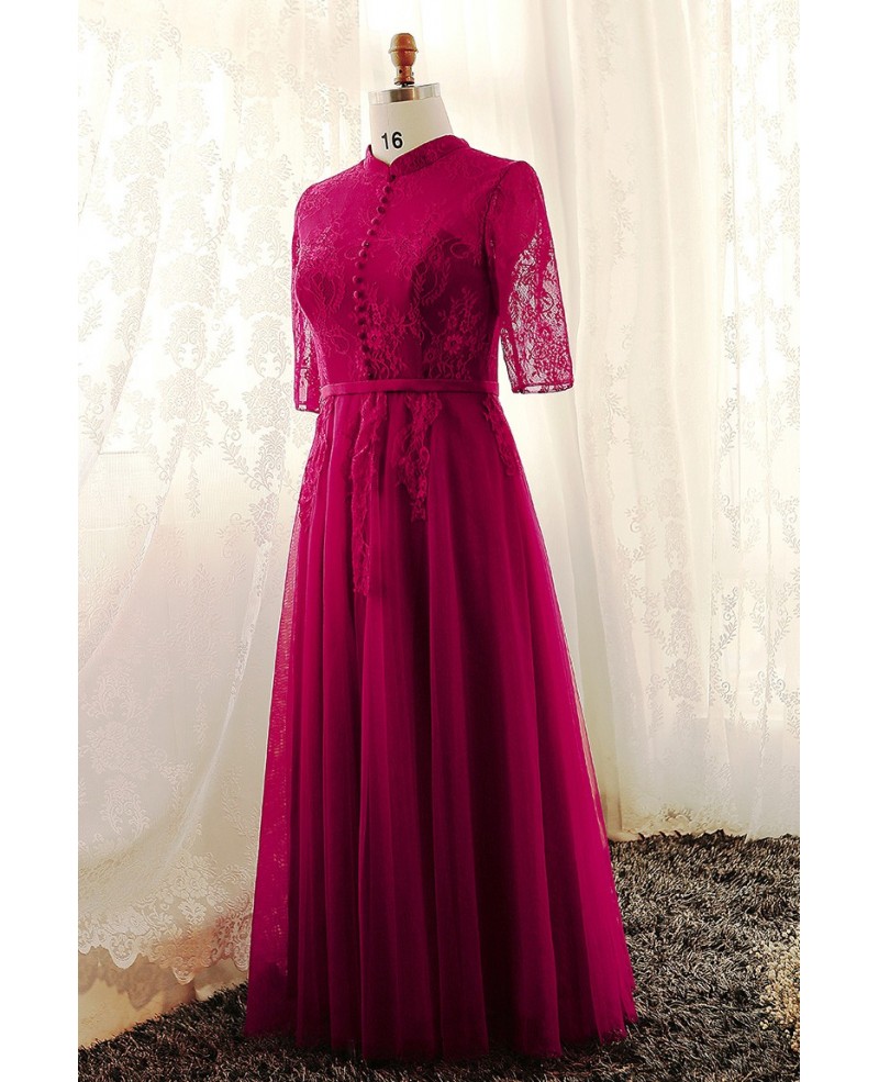 Plus Size Burgundy High Neck Lace Long Tulle Formal Dress With Lace Sleeves - Click Image to Close