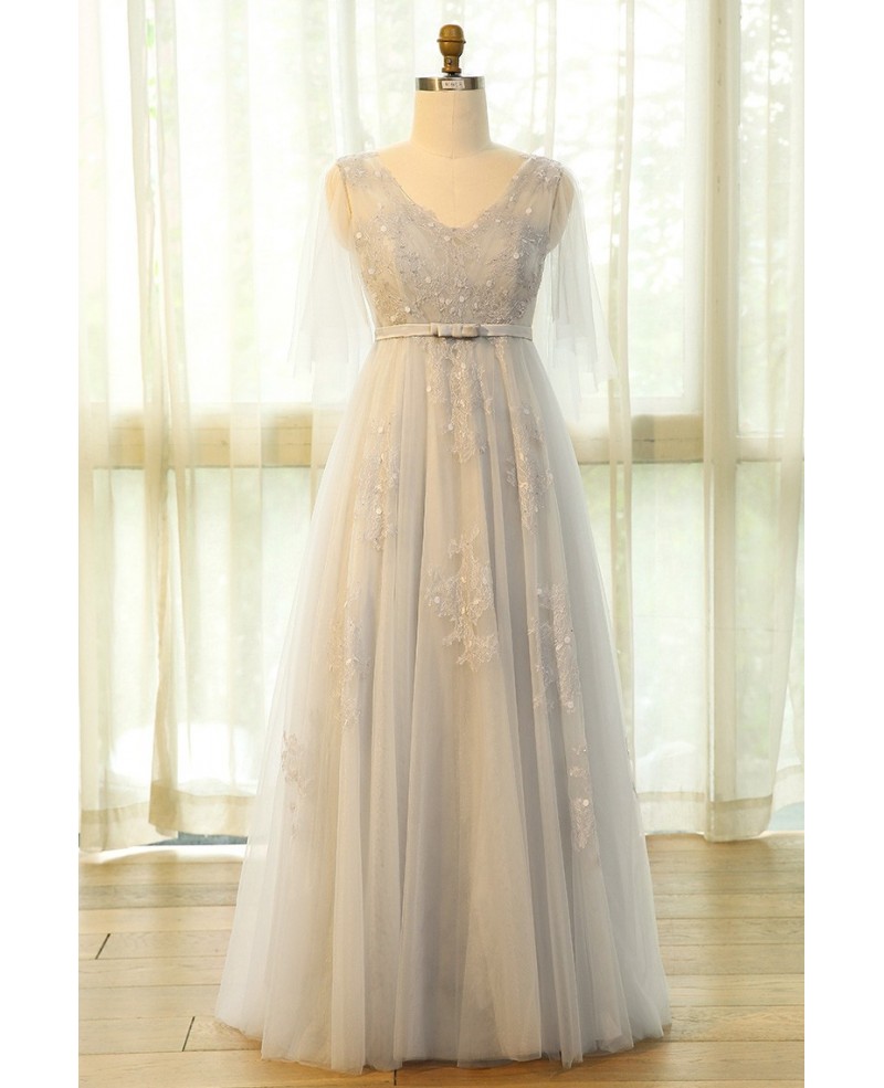Beautiful Plus Size Grey Flowing Long Tulle Lace Formal Party Dress
