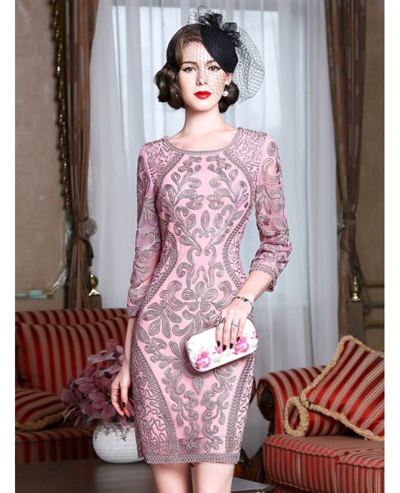 Classy Pink Embroidery Short Wedding Guest Dress 3/4 Sleeves Dress For Weddings - Click Image to Close