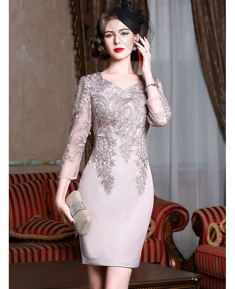 Long Sleeve Embroidered Cocktail Dress For Women Over 40,50 Wedding Guest Dress