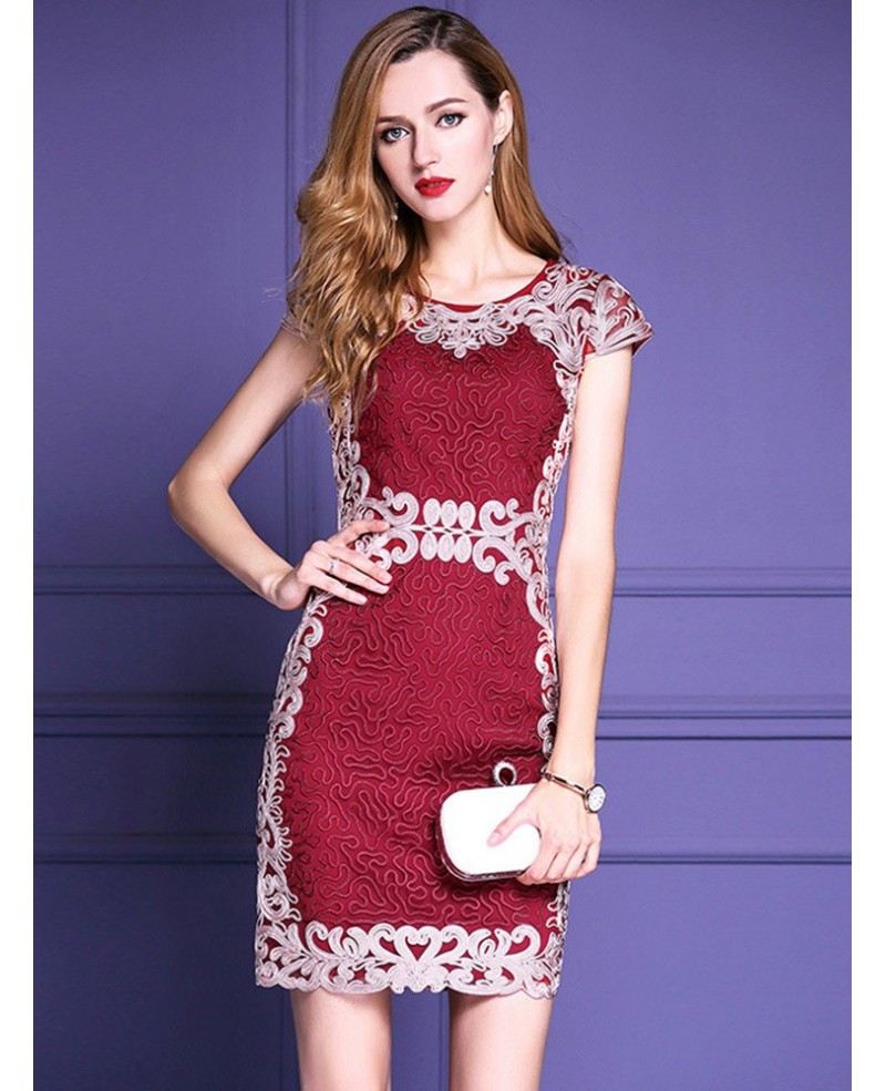 Burgundy Formal Embroidered Bodycon Cocktail Dress For Weddings - Click Image to Close