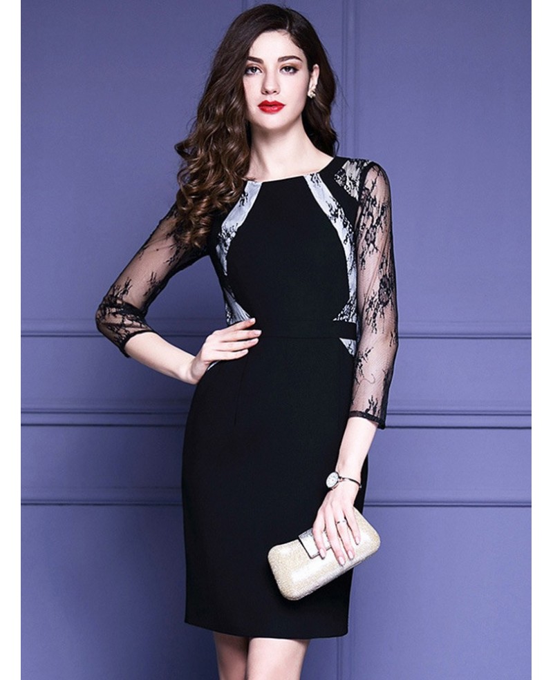 Black Lace 3/4 Sleeves Cocktail Wedding Party Dress - Click Image to Close
