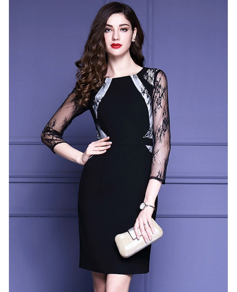 Black Lace 3/4 Sleeves Cocktail Wedding Party Dress