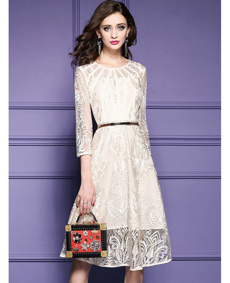 Elegant Beige Lace A Line Wedding Guest Dress With Sleeves