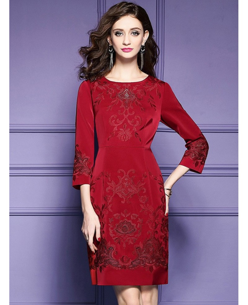 Burgundy Formal Embroidered Short Dress For Wedding Guest Over 40 - Click Image to Close