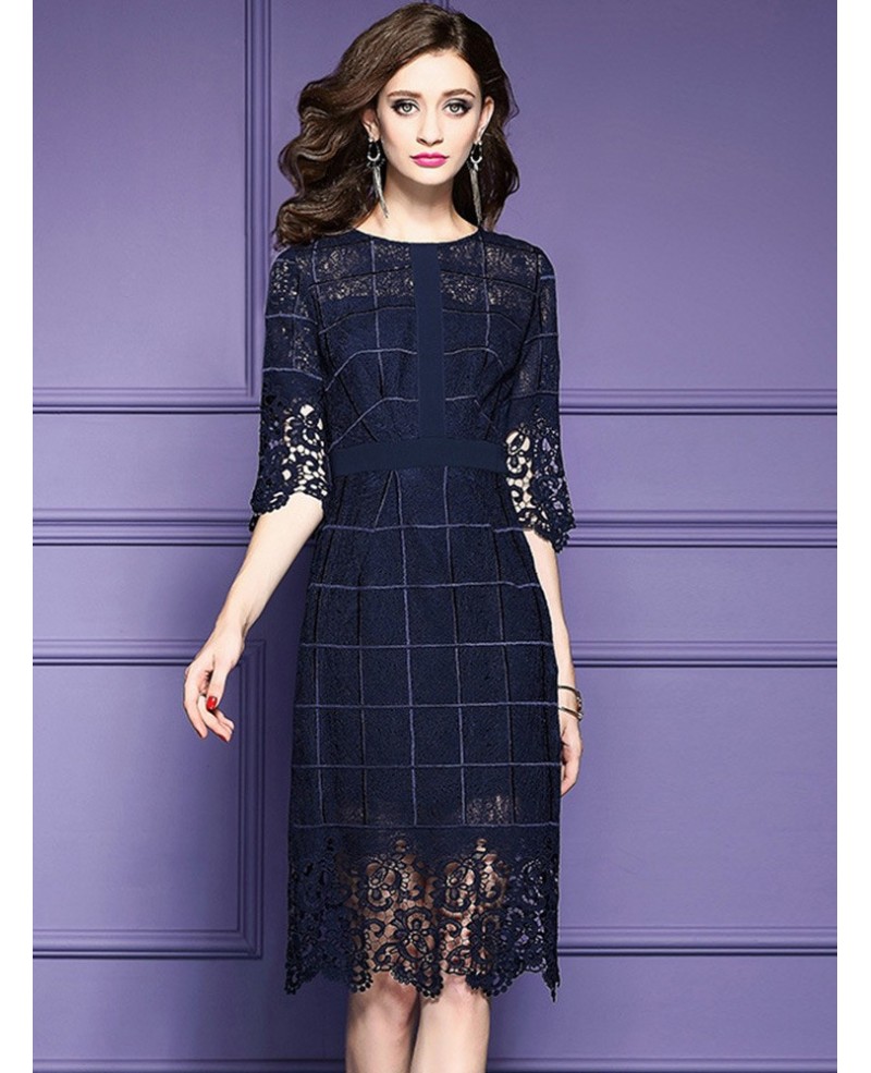 Navy Blue Lace Half Sleeve Short Dress For Weddings - Click Image to Close