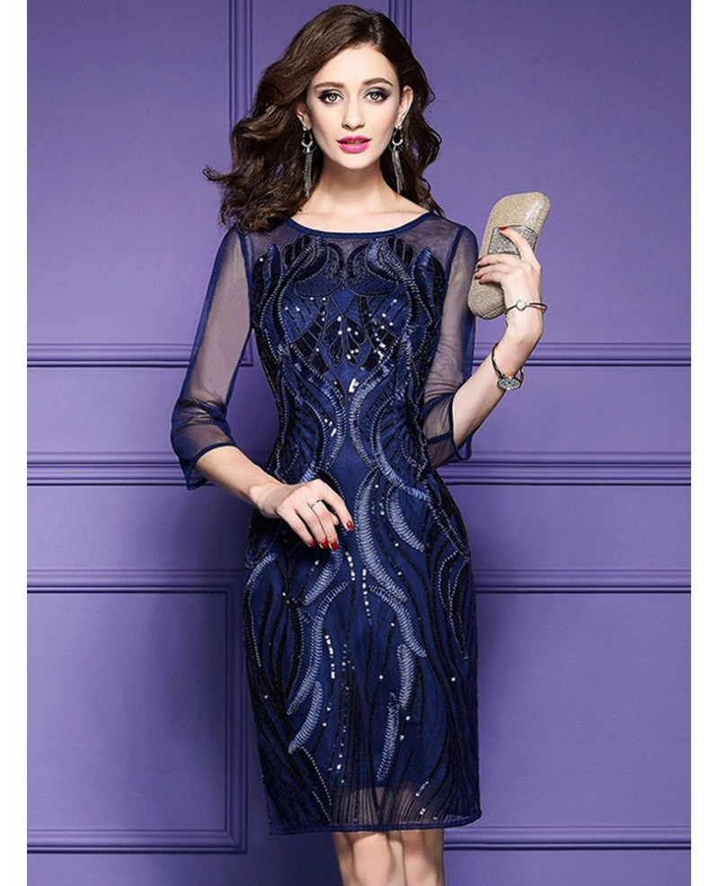 Classy Royal Blue Luxe Embroidered Cocktail Dress For Weddings Wedding Guests - Click Image to Close
