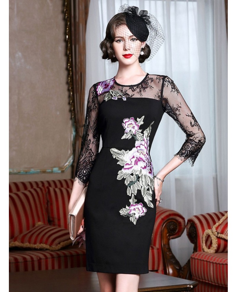 Sheath Black Cocktail Dress With Embroidery Wedding Guest Dress With Sleeves - Click Image to Close