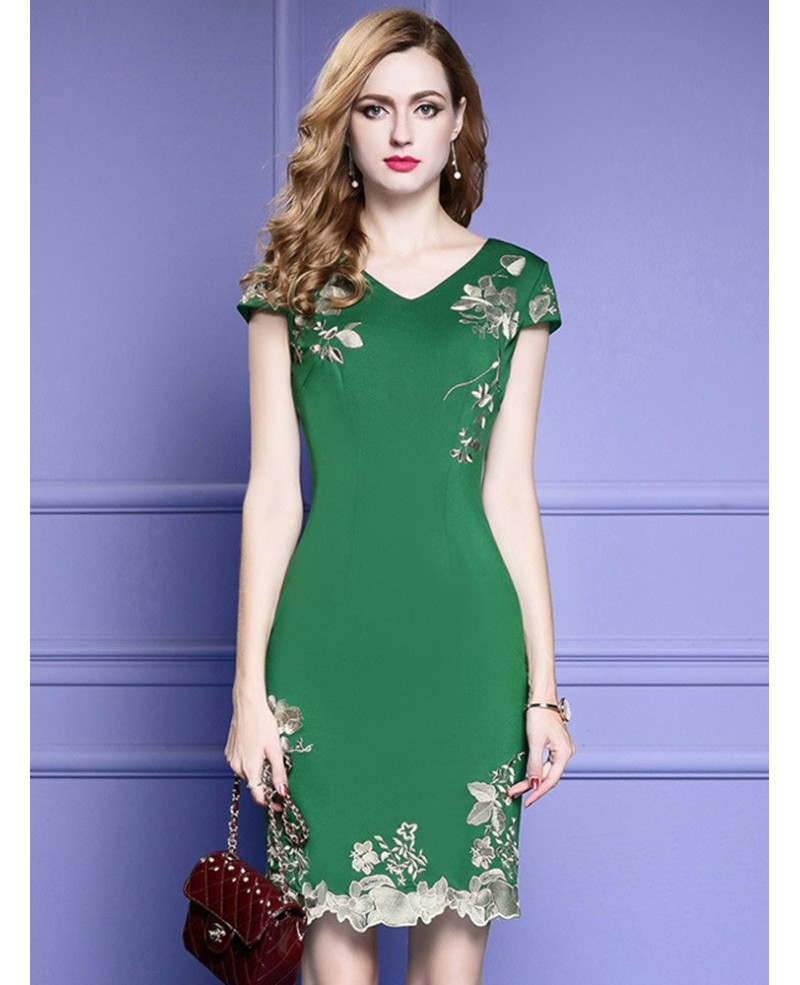Green Bodycon Cocktail Dress For Wedding Guest With Cap Sleeves Embroidery - Click Image to Close