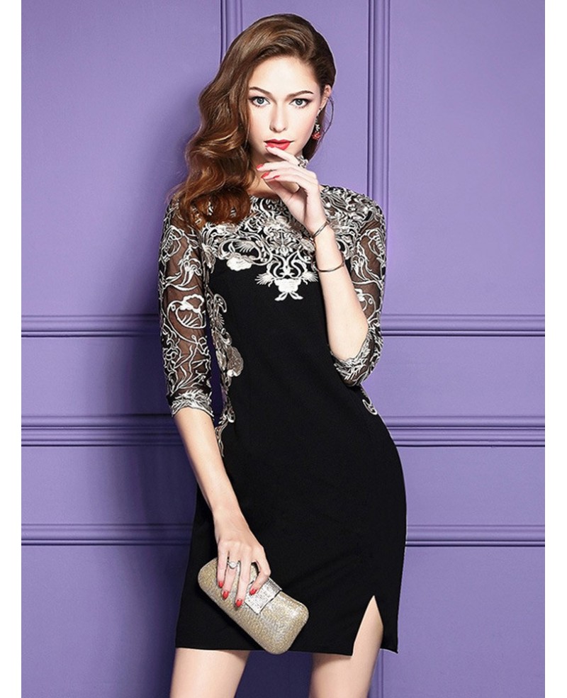 Chic Black Embroidered Wedding Guest Dress With Half Sleeves Side Slit