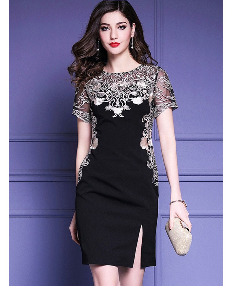 Little Black Embroidered Short Sleeve Dress For Formal Weddings