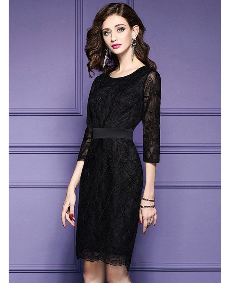 Luxe Black Lace Sleeve Short Wedding Guest Dress Black Tie