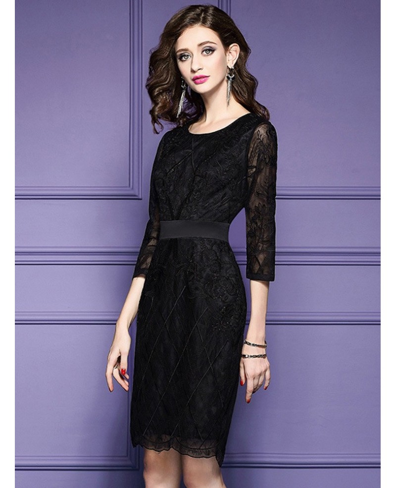 Luxe Black Lace Sleeve Short Wedding Guest Dress Black Tie For Weddings ...