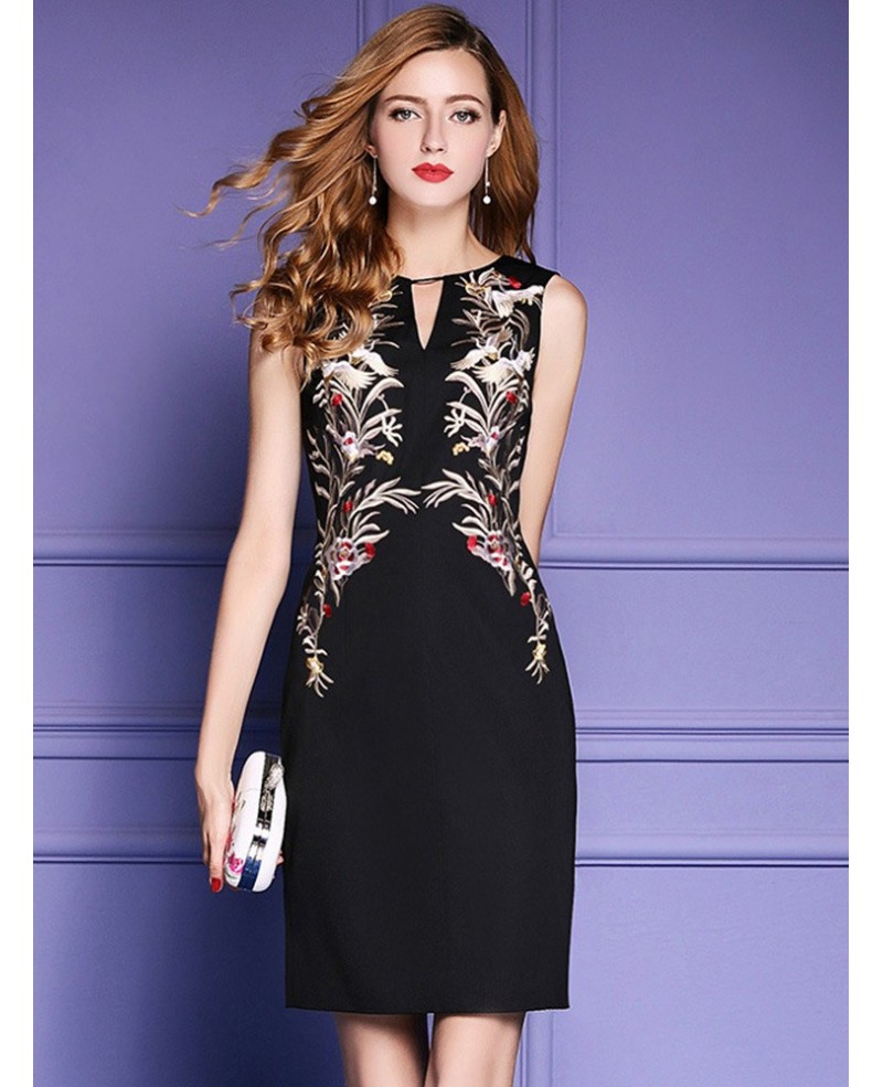 Black Sleeveless Bodycon Cocktail Wedding Party Dress With Embroidery