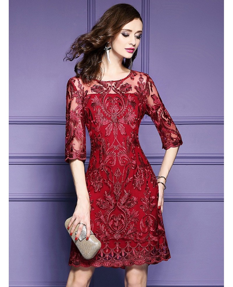 Elegant Burgundy Short Wedding Guest Dress For Over 40,50 With Half Sleeves - Click Image to Close