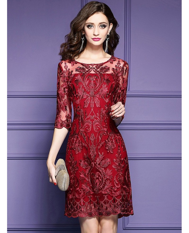 Elegant Burgundy Short Wedding Guest Dress For Over 40,50 With Half ...