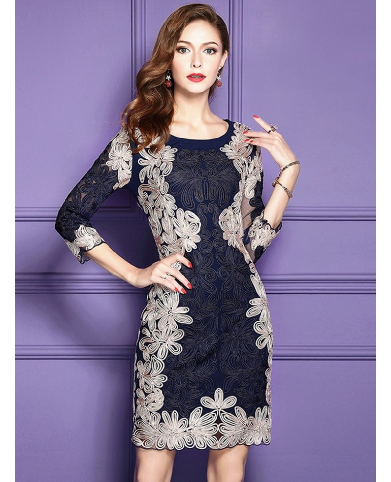 Luxury Navy Blue Embroidered Cocktail Wedding Party Dress With 3/4 Sleeves