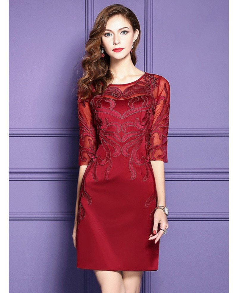 Burgundy Half Sleeve Short Dress For Women Over 40 For Weddings - Click Image to Close