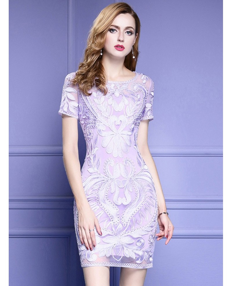 Light Purple Short Sleeve Bodycon Cocktail Dress For Wedding With Embroidery