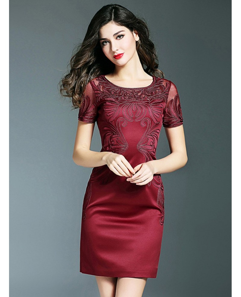 Simple Burgundy Cocktail Wedding Party Dress With Sleeves Embroidery For Weddings