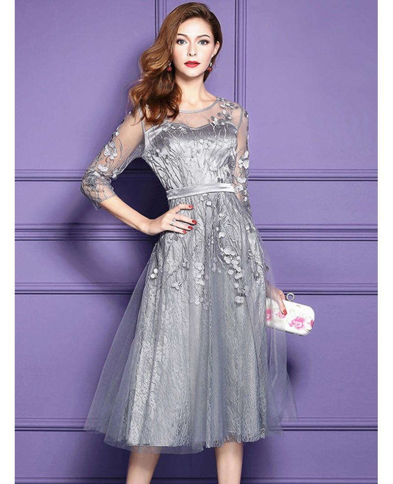 Silver Lace Midi Party Wedding Guest Dress For Fall Weddings With Sleeves